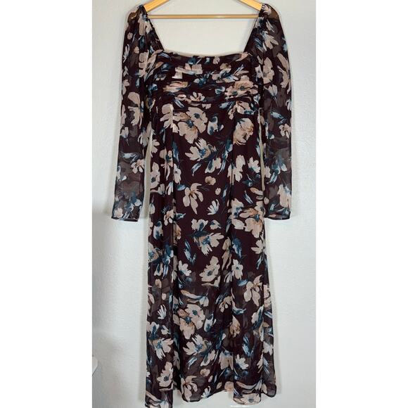 Abercrombie & Fitch Brown Emerson Long Sleeve Sheer Floral Midi Dress Sz Medium - Picture 2 of 8